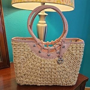 Brighton Straw Structured Tote Bag With Pink Faux Croc Embossed Leather Trim